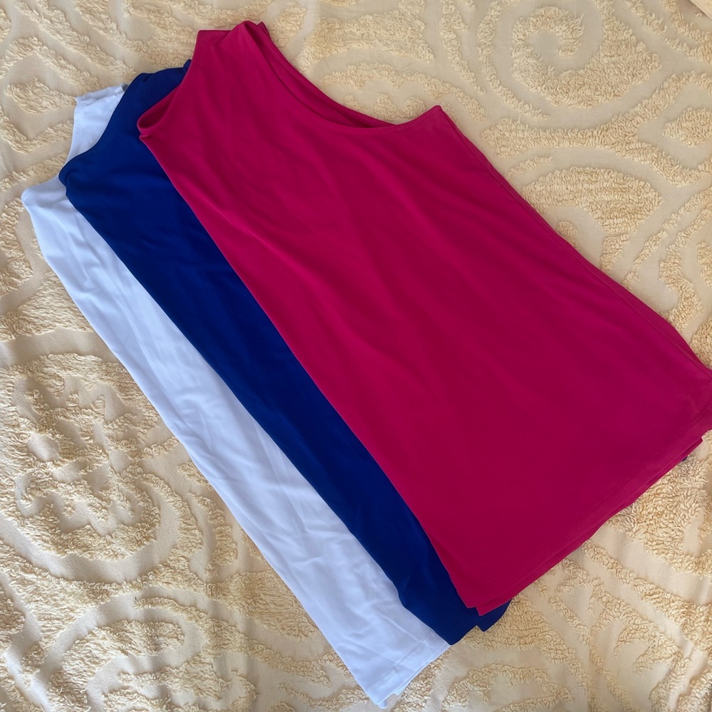 Susan Graver Three Tank in White, Blue, and Pink